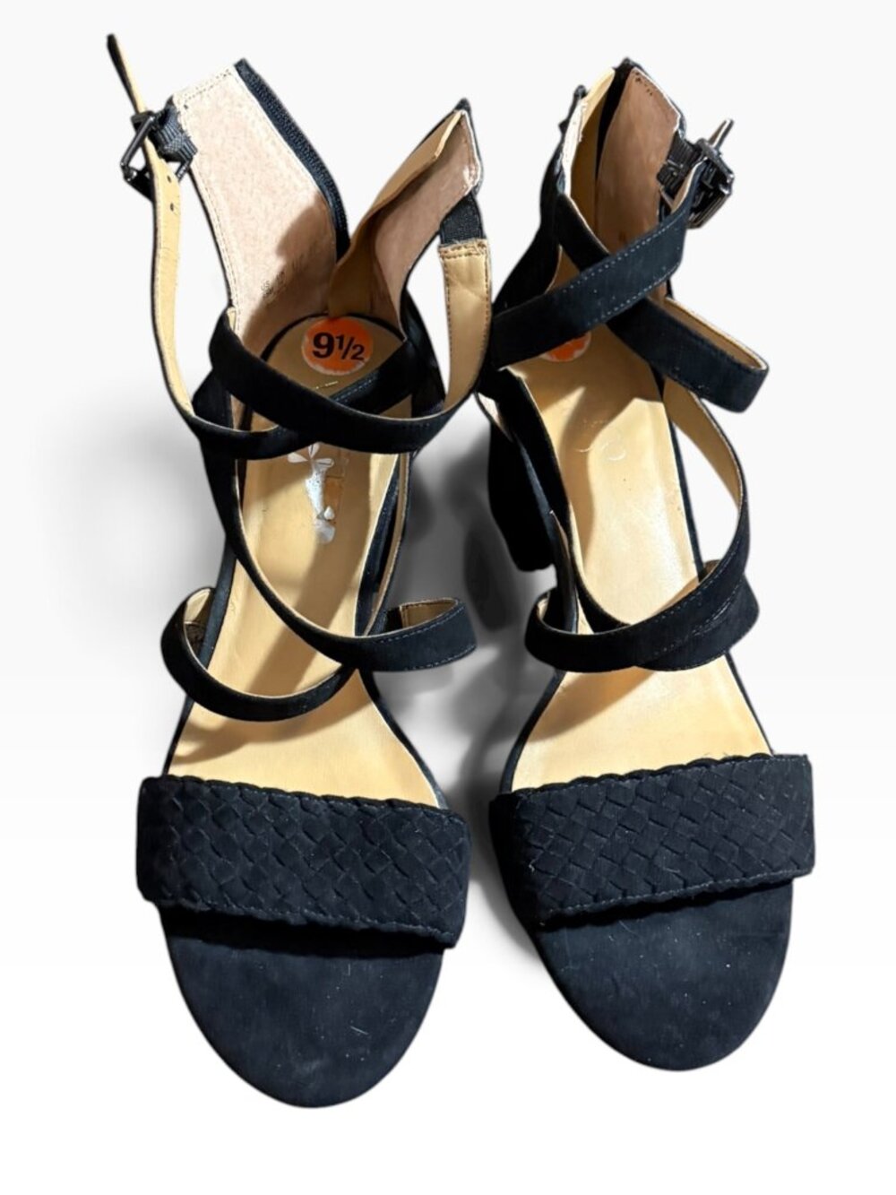 Franco Sarto Black Woven Heeled Sandals – Size 9.5